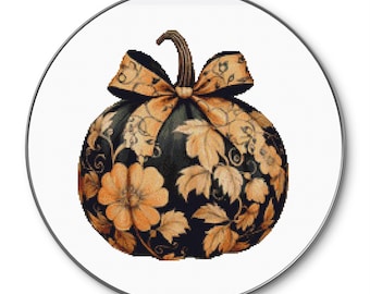 Cross Stitch Pattern Black Pumpkin with orange flowers, Instant Download PDF scheme Halloween Pumpkin