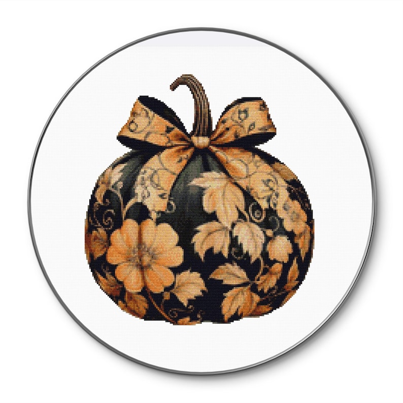 Cross Stitch Pattern Black Pumpkin With Orange Flowers, Instant