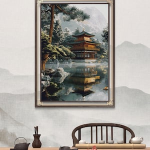 Asiatische Landschaft Kreuzstichmuster, chinesisches Haus, See, Berge Xstitch Pattern, Traditioneller asiatischer Stil PDF Saga Design