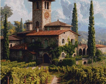 Winery in Tuscany Cross Stitch Pattern, Full Coverage Cross Stitch Design Vineyard, Large Instant Download PDF Pattern Italy Winery