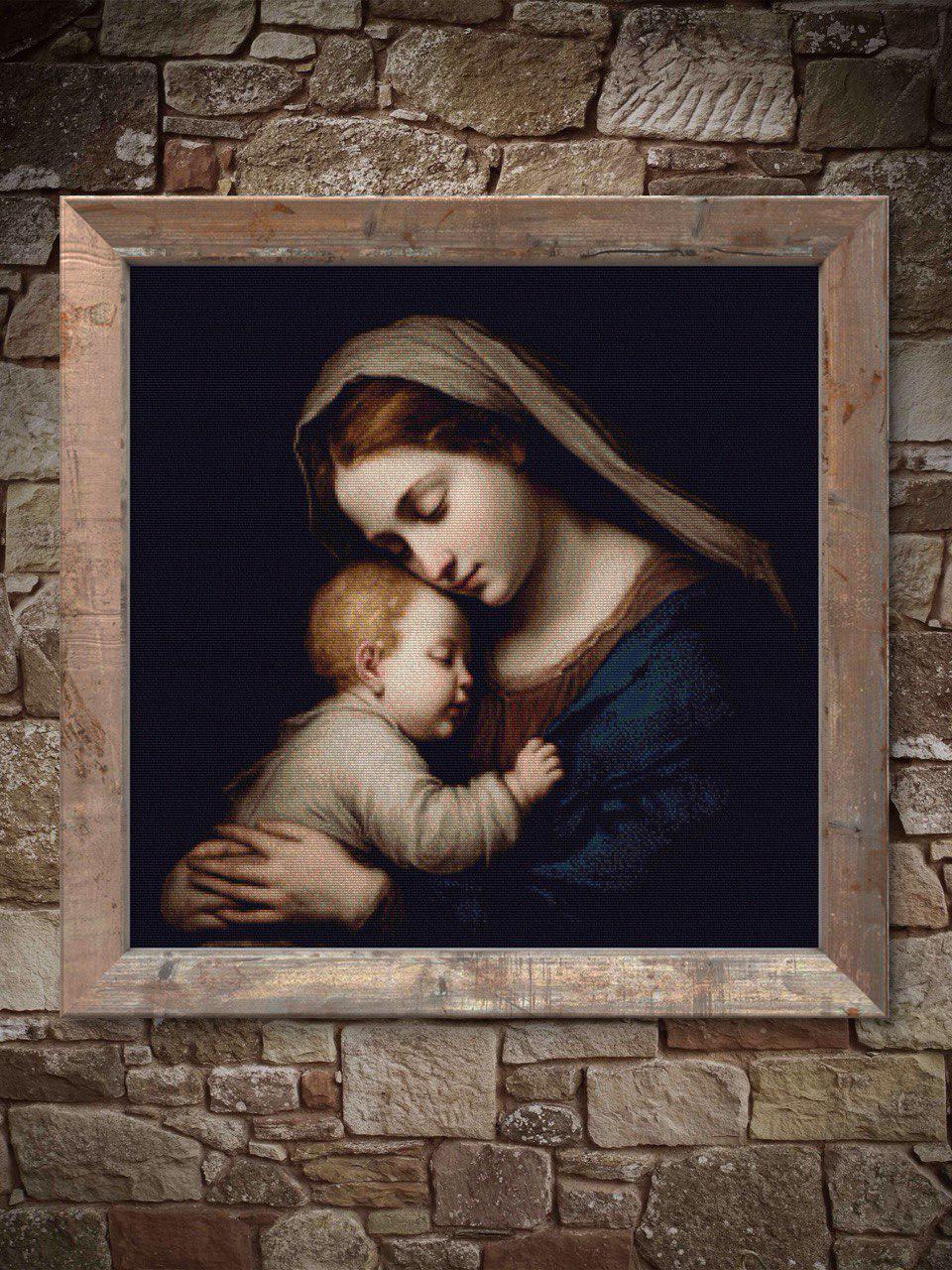 聖母子のクロスステッチパターン、宗教的な刺繍チャート、聖母マリアの