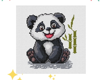 Animales divertidos Panda y bambú Patrón de punto de cruz Descarga instantánea Gráfico PDF Xstitch Diseño fácil para principiantes Patrón de panda lindo Regalo para bebé