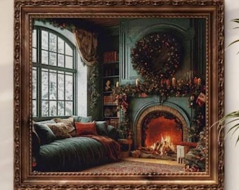 Christmas Fireplace Cross Stitch Pattern, Cozy Winter Living Room, Full Coverage PDF Download