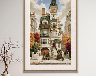 Autumn Paris House Cross Stitch Pattern PDF, Elegant European Townhouse, Full Coverage Pattern, Detailed Landscape, DMC Chart