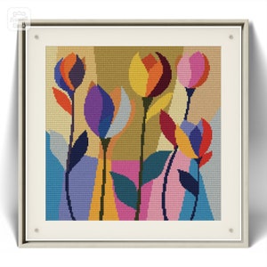 Heldere kleuren abstracte bloemen Cross Stitch patroon Instant Download PDF X-steek grafiek Wall Art Decor ontwerppatroon geometrische kruissteek