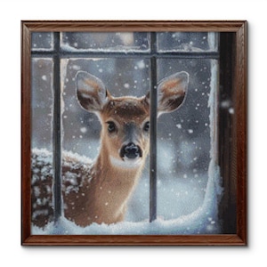 May include: A young deer with brown fur stands behind a window pane, looking out at a snowy scene. The deer's head is tilted slightly, and its eyes are wide with curiosity. The window is covered in frost, and the snow is falling softly outside.