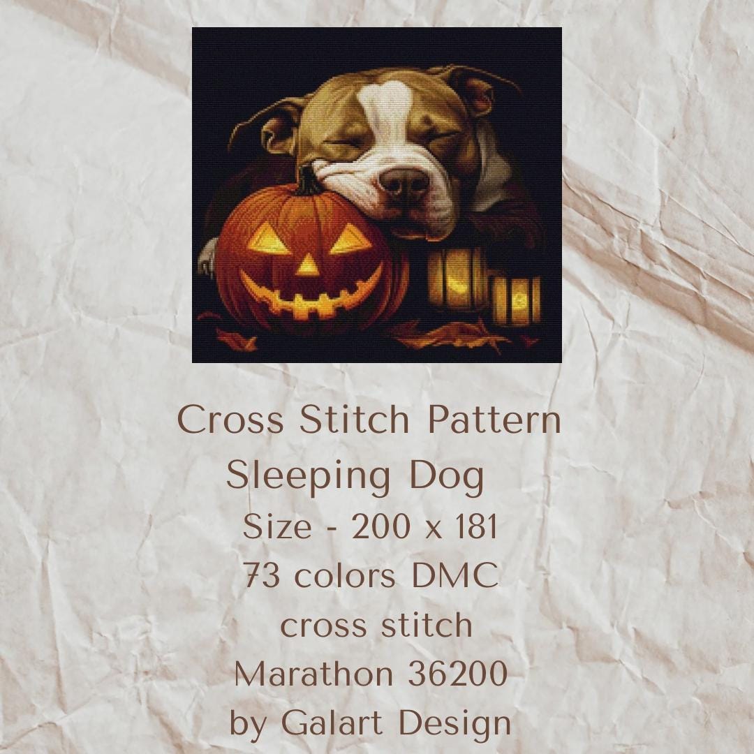 dogページ Sleeping Dog With Pumpkin X-stitch Pattern, Cross Stitch PDF