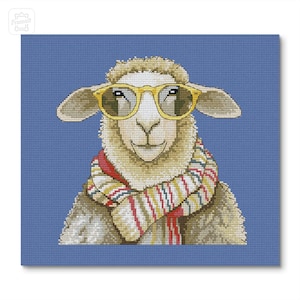 May include: A white sheep wearing yellow sunglasses and a striped scarf against a blue background.
