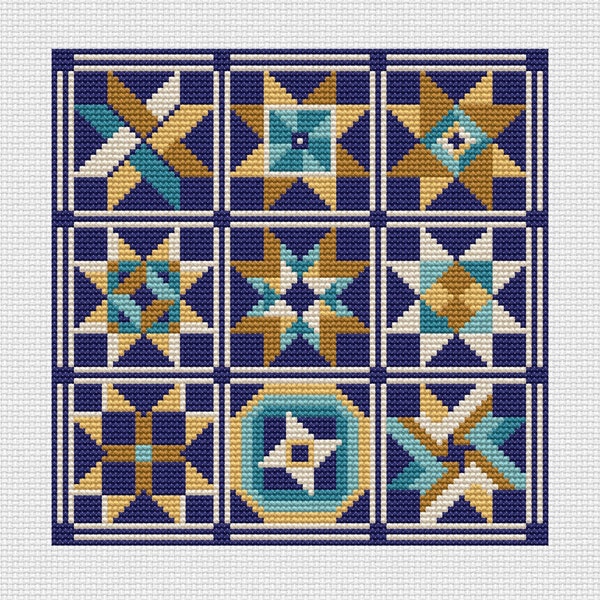 Blue quilt cross stitch pattern, Instant Download PDF, Cross Stitch Chart, Counted Cross Stitch, Modern Embroidery, Geometry Cross stitch