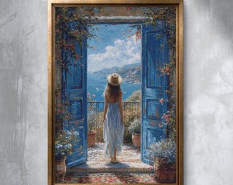 Girl on Balcony Cross Stitch Pattern, Mediterranean Sea View, Full Coverage PDF, Summer Landscape Embroidery Design