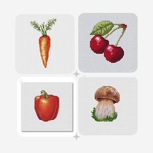 Op de afbeelding: Vier borduurpatronen met kruissteek, met een rode paprika, een wortel, twee rode kersen en een bruine en witte paddenstoel.