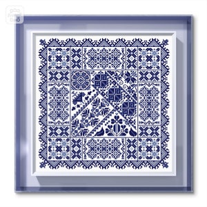 Tonos azules Sampler Cross Stitch Pattern Descarga instantánea PDF, Motivos populares ucranianos, Gráfico de punto X moderno, Patrón de bordado, Monocromo