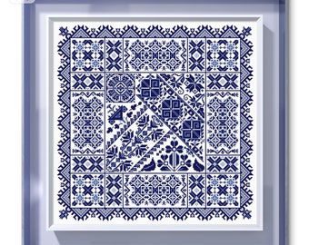 Tonos azules Sampler Cross Stitch Pattern Descarga instantánea PDF, Motivos populares ucranianos, Gráfico de punto X moderno, Patrón de bordado, Monocromo