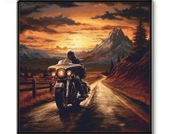 Full Coverage Cross Stitch Pattern PDF, Counted Cross Stitch Biker at Sunset, Embroidery Scheme, Bike Pattern for Biker Enthusiasts