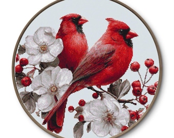 Cross Stitch Pattern Red Cardinals Circle design, Birds Cross stitch Chart, X stitch Pattern Cardinal, Red Birds Flowers Embroidery Design