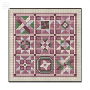 May include: A pink and green quilt block pattern with nine different designs. The quilt blocks are arranged in a 3x3 grid.