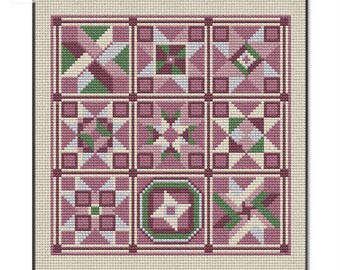 Digitale Stickvorlage Rosa Patchwork Quilt Kreuzstichmuster, Instant Download PDF, Stickmustervorlage Kreuzstichmuster, moderne Stickerei, moderne Kreuzstichmuster