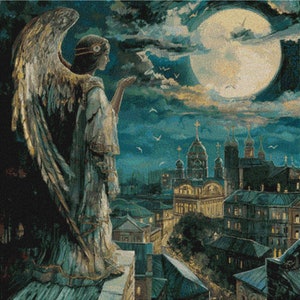 Cross Stitch Pattern Angel over the City, Angel Cross Stitch Design, X stitch Pattern Angel at Night