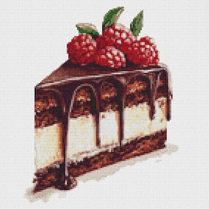 May include: A cross-stitch image of a slice of chocolate cake with white cream filling. The cake is topped with fresh red raspberries and green leaves. The chocolate frosting is dripping down the sides of the cake.