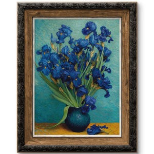 May include: A framed print of a still life painting featuring a bouquet of blue irises in a dark blue vase. The painting has a textured appearance and is set against a teal background and a yellow table. The frame is dark brown.