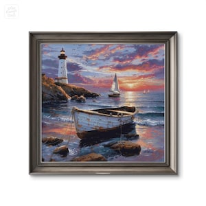 Peut inclure: Une peinture représentant un paysage marin avec un phare sur une côte rocheuse, un voilier au loin et un petit bateau échoué sur la plage. Le ciel est un mélange vibrant de rose, d'orange et de violet, avec des nuages qui se reflètent dans l'eau.