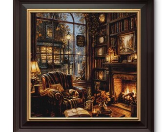 The Little Bookshop Cross Stitch Pattern, Cozy Library Full Coverage PDF, Autumn Bookstore Embroidery Chart
