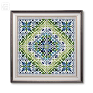 May include: A framed geometric pattern with a blue, green, and white color scheme. The pattern is made up of squares, triangles, and circles.