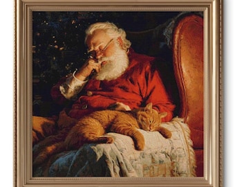 Sleeping Santa with Cat Cross Stitch Pattern, Cozy Christmas Scene, Full Coverage PDF Download