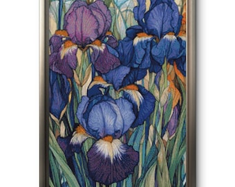 Bright Colors Irises Flowers Cross Stitch Pattern, Instant Download PDF X-stitch Chart, Wall Art Decor Design Pattern Irises Cross Stitch