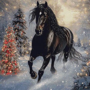 Zwart paard kruissteekpatroon, zwart paard in winterbos getelde kruissteekpatronen, afdrukbare grafiek pdf-formaat, volledige dekking