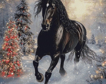 Black Horse Cross Stitch Pattern, Winter Forest Horse, Full Coverage Counted Cross Stitch PDF