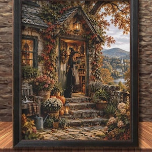 Könnte beinhalten: Ein gerahmter Kunstdruck, der den Eingang eines Steinhauses im Herbst zeigt. Eine Gestalt mit Hexenhut steht im Türrahmen, daneben eine schwarze Katze. Die Szene umfasst Steinstufen, getopfte Chrysanthemen, Kürbisse und eine Laterne.