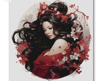 Cross Stitch Pattern Beautiful Asian Woman with Red Flowers, X Stitrch PDF Design Asian Girl, Cross Stitch Instant Download Pattern Asian