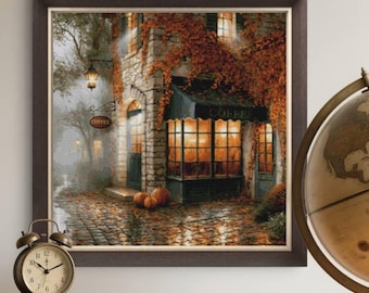 Autumn Cafe Cross Stitch Pattern, Fall Street Scene, Full Coverage Counted Cross Stitch PDF, Digital Download