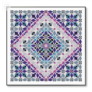 Puede incluir: Un patrón geométrico colorido con fondo blanco. El patrón está formado por cuadrados, triángulos y círculos en tonos de azul, morado, rosa y negro.