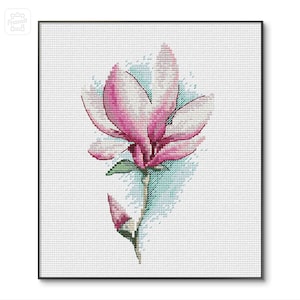 Magnolia bloemen kruissteekpatroon, magnolia aquarel kruissteekontwerp, pdf instant download enkele bloem xstitch-schema