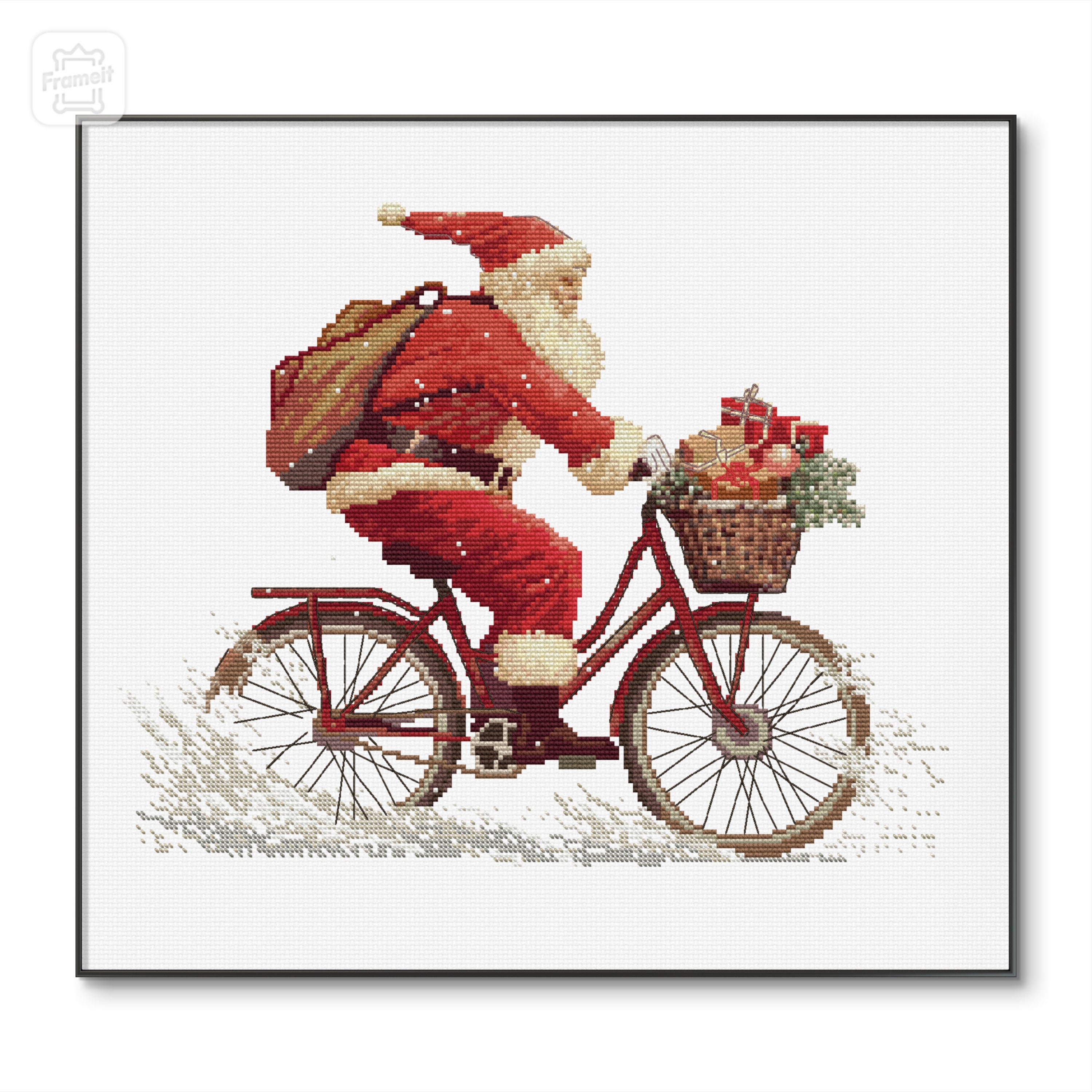 ビンテージ　自転車に乗ったサンタさん クロスステッチパターン 自転車に乗ったサンタクロース、モダンな