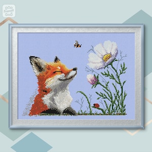 Smell of Spring, Fox and Cosmos flower Cross Stitch Pattern, X-stitch Chat Fox, Cross Stitch PDF Pattern