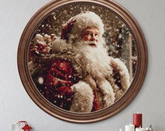 Santa in Snowfall Round Cross Stitch Pattern, Christmas Hoop Design, Vintage Santa Claus Embroidery, Full Coverage PDF, Winter Scene
