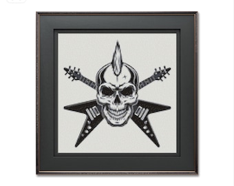 Skull with Guitars cross stitch pattern, skull embroidery chart, PDF cross stitch pattern, skull wall art, counted cross stitch, Saga