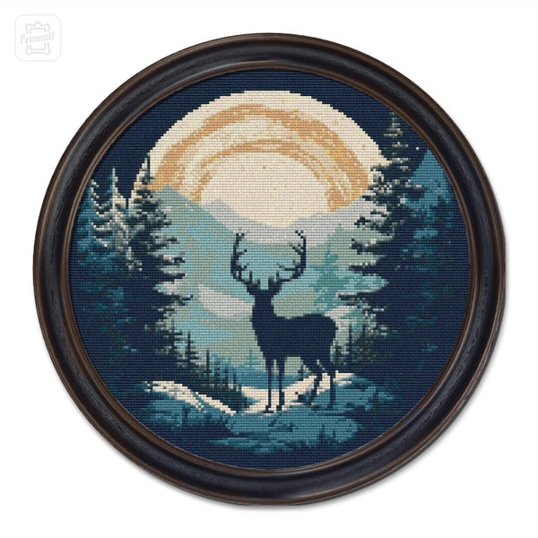 Deer at Night cross stitch pattern, round cross stitch design Deer Forest Mountains Pattern, Wall Art Pattern, Round xstitch pattern