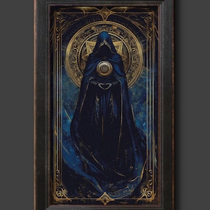Tarotkaart The Magician kruissteekpatroon, getelde kruissteek gotisch patroon, mystieke zwarte kaart handwerkborduurwerk, volledige dekking