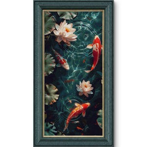 May include: A framed art print depicting a pond scene with koi carp and water lilies. The artwork shows vibrant red and white koi swimming in clear water, surrounded by lily pads and white flowers. The frame is a dark teal colour.