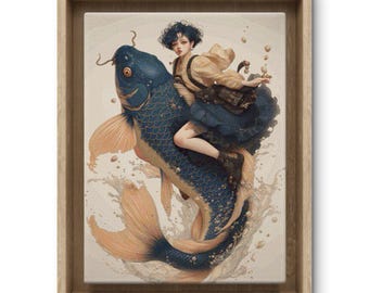 Cross Stitch Pattern Fantasy Girl Riding a Fish,  Counted Cross Stitch Koi Pattern, Mystical Fantasy Needlework Embroidery, Full Coverage