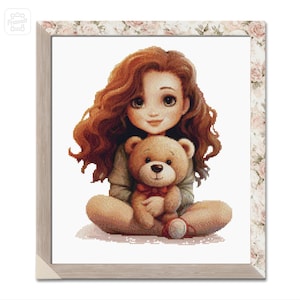 Cute Little Girl With Teddy Bear Cross Stitch Pattern PDF Download Chart X-stitch Design Decor Children Room Girl Embroidery Pattern
