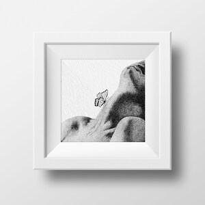 May include: A black and white drawing of a person with a butterfly on their neck. The drawing is framed in a white frame.