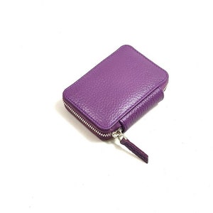May include: A small purple leather zippered wallet.