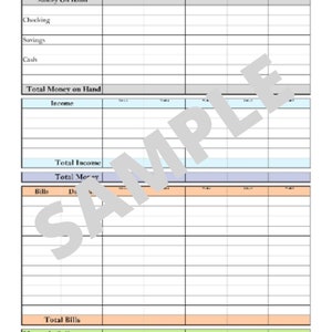 May include: A printable budget worksheet with sections for money on hand, income, bills, total bills, money left over, and money needed. The worksheet is divided into columns for different categories and has a light blue, light green, and light orange color scheme.