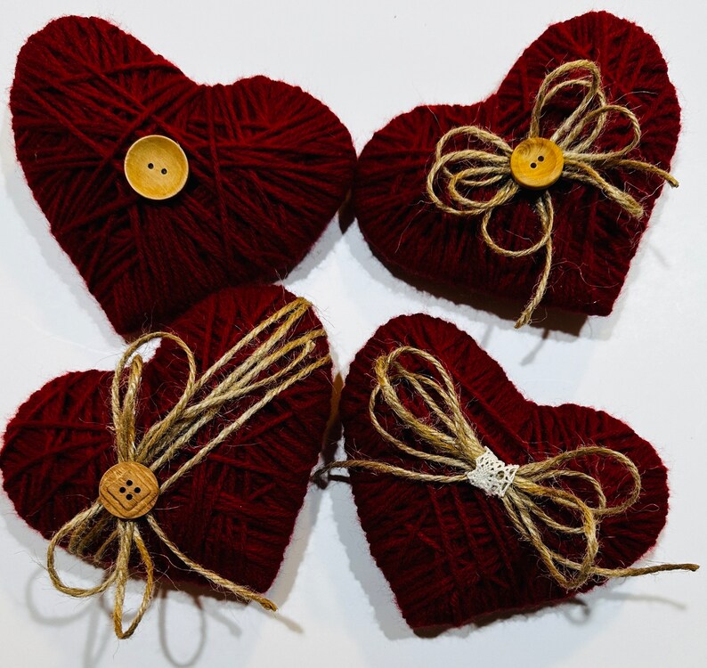 4 Red Hearts, Tiered Tray Items, Rustic Yarn Wrapped Hearts, Country ...
