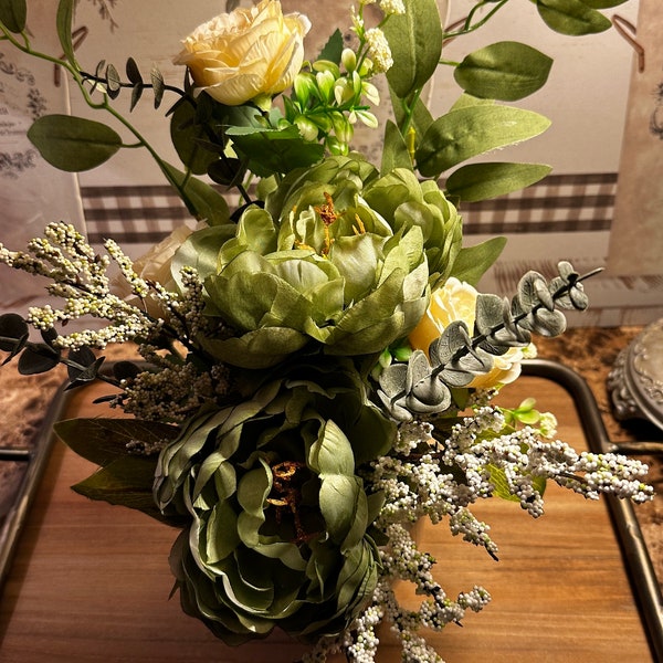New Flower Arrangement, Floral Centerpiece, Faux Flowers, Green Peonies, Yellow Roses, Farmhouse Home Decor, Silk Floral Design, Artificial